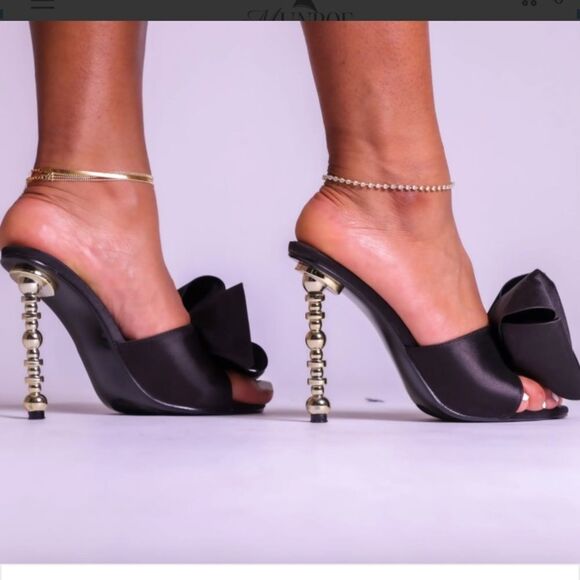 Cape Robbin Oversized Black Bow Detail Mule Gold Accent Bubble Heel/Stiletto - Picture 9 of 12